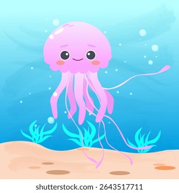 cute pink jellyfish swimming in the ocean children's vector illustration
