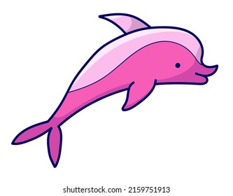 Cute pink jumping dolphin. Flat vector illustration in cartoon style.