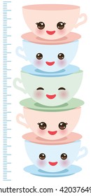Cute pink Kawaii cup, funny isolated on white background. Children height meter wall sticker, kids measure. Vector