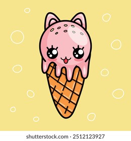 Cute pink kawaii ice cream with cat ears and a cute face. Cartoon vector illustration