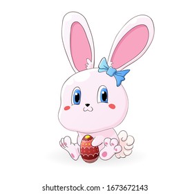 Cute pink kawaii little Easter bunny with Easter egg in hands Isolated on a white background.