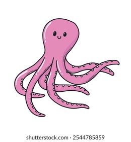 Cute pink kawaii octopus drawing, illustration for prints, stickers, cards, posters, banners, invitations decor. Nursery decor, sea and ocean theme. EPS 10