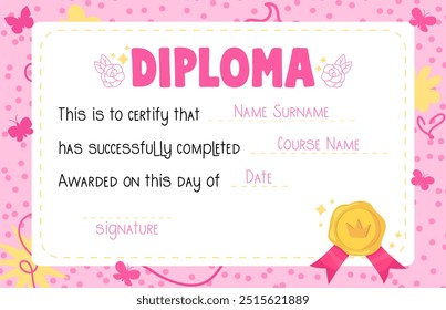 Modelo de diploma de crianças rosa bonito com imitação de selo de cera. Garota congratulação em branco. Ilustração de vetor de estoque em estilo plano.