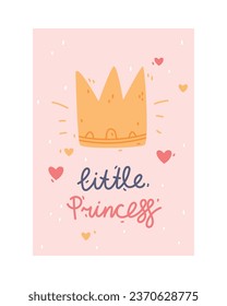 Cute Pink Kids Poster and Nursery Print Design with Crown Vector Illustration