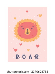 Cute Pink Kids Poster and Nursery Print Design with Lion Vector Illustration