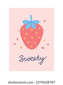 Cute Pink Kids Poster and Nursery Print Design with Strawberry Vector Illustration
