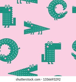 Cute pink kids seamless pattern with interesting stylized crocodiles. Print for wallpapers, clothes, wrapping paper, printed materials, notebooks of stickers, posters, backgrounds, T-shirts, fabrics
