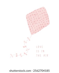 Cute Pink Kite With Heart Print and a Long Tail Decorated With Bows. Love is ith The Air. Pastel Pink Kite Isolated on a White Background. Lovely Hand Drawn Valentine's Day Vector Illustration. RGB.