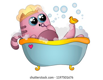Cute pink kitten blows soap bubbles in the bath with a duckling.