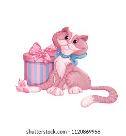 A cute pink kitten with a blue bow sits next to a beautiful gift box. A striped circular box and a decorative bow with a pattern in a circle. Vector cartoon character for greeting card.