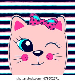 Cute pink kitten with pink bow on striped background. Girlish print with kitty for t-shirt