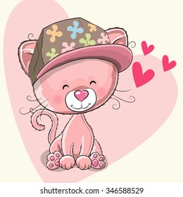 Cute pink kitten with a cap on a heart background