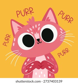 Cute pink kitten purring, big cute eyes. Flat vector illustration in a simple children's style on a yellow background, print for printing on children's products. 