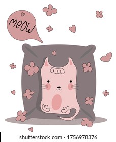 El gatito rosa lindo está sentado sobre una almohada con corazones y flores. Un personaje de caricatura amable y gracioso me dice. Vector.
