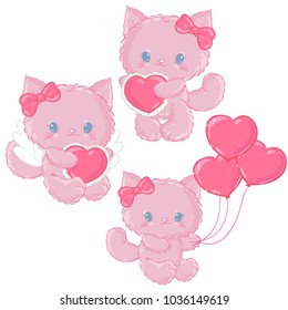 Cute pink kitten. Valentine's day or birthday. Funny postcard.