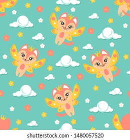 Cute pink kittens with butterfly wings flying in the sky between clouds and flowers.  Seamless pattern vector illustration.