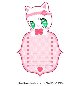 Cute pink label with little kitten princess and hearts. For Valentine's Day, for romantic messages, for the invitation, or for design of diary.