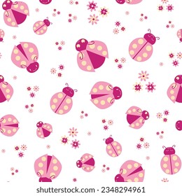 Cute pink ladybugs and flowers seamless vector pattern background. Kawaii carton ladybird characters with pretty florals on white backdrop. Scattered all over print for summer, baby, girls