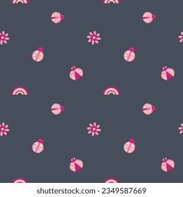Cute pink ladybugs and flowers seamless vector pattern background. Kawaii carton ladybird characters with pretty florals on blue backdrop. Scattered all over print for summer, baby, girls