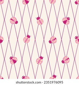 Un suave fondo de patrón vectorial sin costuras de ladybugs rosa. Caricatura de Kawaii personajes ladybird fondo de red de diamantes de la cuadrícula. Por todas partes para el verano, bebé, chicas. Motif de lamparita para la escuela