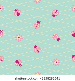 Cute pink ladybugs seamless vector pattern background. Kawaii cartoon ladybird characters grid diamond lattice backdrop. All over print for summer, baby, girls. Ladybug motif for kindgarten, school