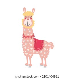 Cute pink lama. Happy alpaca,  peruvian llama, funny animal, cartoon character. Hand drawn vector illustration for kids, isolated on white. Flat design. Idea for print on baby clothes, poster, etc. 