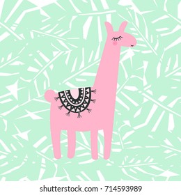 Corta lama rosa sobre fondo tropical. Dibujo de animales para bebés vectores para niños. Lámpara estilo de dibujo infantil. Diseño de decoración, tarjeta, afiche.