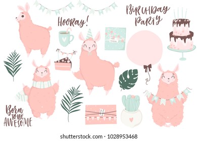 Cute pink lamas hand drawn illustrations collection. Cards, tags, posters, labels templates design set. Valentines day romantic love symbols or cute baby shower or birthday room decor element