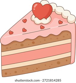 Linda rebanada de pastel en capas rosa con ilustración de coronamiento de corazón rojo para el día de San Valentín y celebración romántica