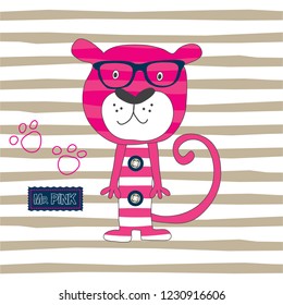 cute pink leopard on striped background vector illustration, T-shirt graphics design for kids