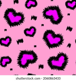 Cute pink leopard seamless pattern with heart shape spots. Vector illustration