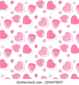 Cute pink line hearts seamless pattern. lovely romantic background, great for Valentine's Day, Mother's Day, textiles, wallpapers, banners, decoration, brochures, flyers, prints. White background.