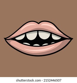 Cute pink lips with white teeth on dark skin, cartoon vector illustration on brown background