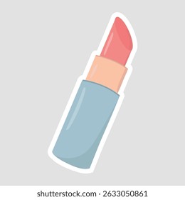 Adesivo De Batom Rosa Bonito. Um vetor encantador ilustração de um batom rosa em um caso azul, perfeito para temas de beleza, maquiagem e moda