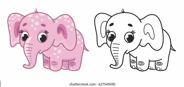 Cute pink little elephant. Vector cartoon elephant. Vector illustration. Black outline