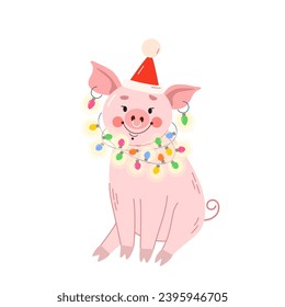 Cute pink little naughty hipster pig wearing Santa Claus Christmas cap, glowing multi-colored light garland around neck, earrings, nose ring. Vector illustration on white isolated background.