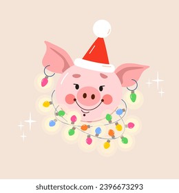 Cute pink little naughty pig wearing Santa Claus Christmas cap, glowing multi-colored light garland around neck, earrings. Vector illustration in flat style. Greeting card with symbol of good luck.