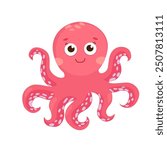 Cute Pink little octopus cartoon flat. Cute octopus with hand drawn sea life elements. Sea animals. Vector doodle cartoon octopus of marine life objects for your design.