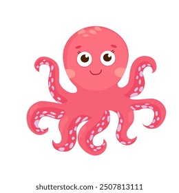 Cute Pink little octopus cartoon flat. Cute octopus with hand drawn sea life elements. Sea animals. Vector doodle cartoon octopus of marine life objects for your design.