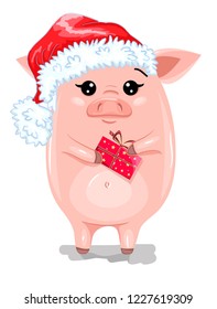 cute pink little piggy in santa hat with a gift, new year pig, domestic animal, cartoon character, animal