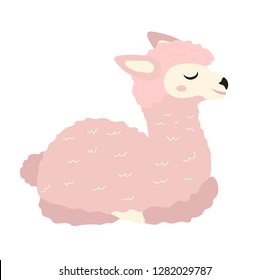 Cute pink llama icon, flat, cartoon style. Isolated on white background. Vector illustration