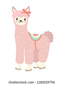 Cute pink llama icon, flat, cartoon style. Isolated on white background. Vector illustration