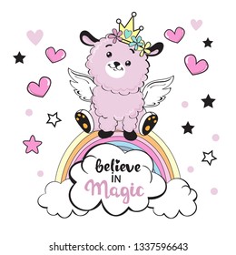 Cute pink llama and inscription believe in magic