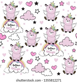 Cute pink llama and inscription believe in magic seamless pattern
