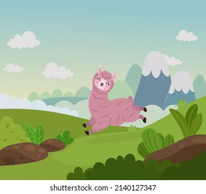 Cute Pink Llama Jumping On A Green Meadow. Mountain Background