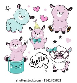 Cute pink llamas collection on a white background