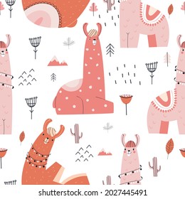 Cute pink llamas on a white background with trees and plants. Infinite pattern. Flat vector illustration