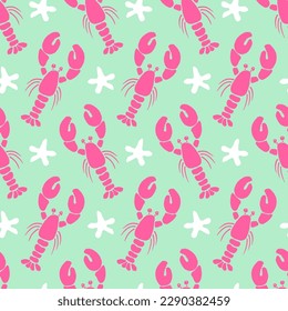 Cute pink lobsters and sea stars, nautical seamless vector pattern. Coastal design in pink and mint green