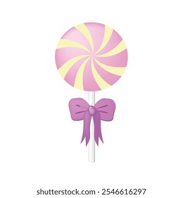 Cute pink lollipop with lush bow, delicious candy with swirl on white background, sweet dessert with lilac bow in cartoon style, single glossy pink round candy