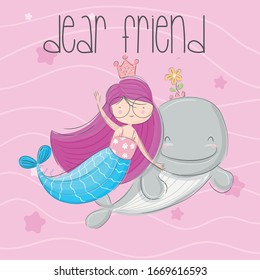 Cute Pink Long Haired Mermaid with Cute Whale